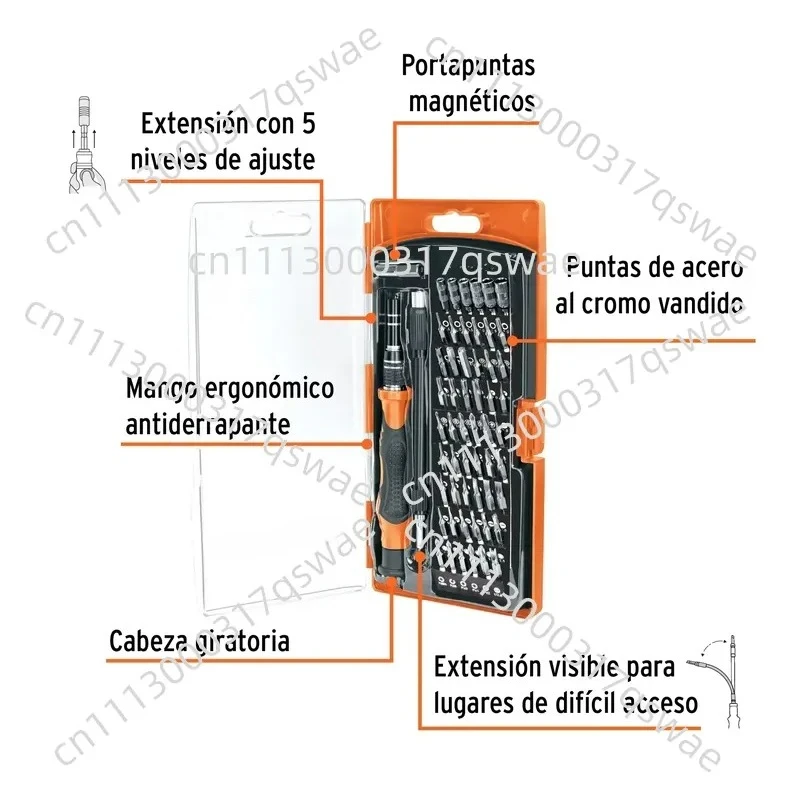 Precision screwdriver, equipped with 57 interchangeable tools