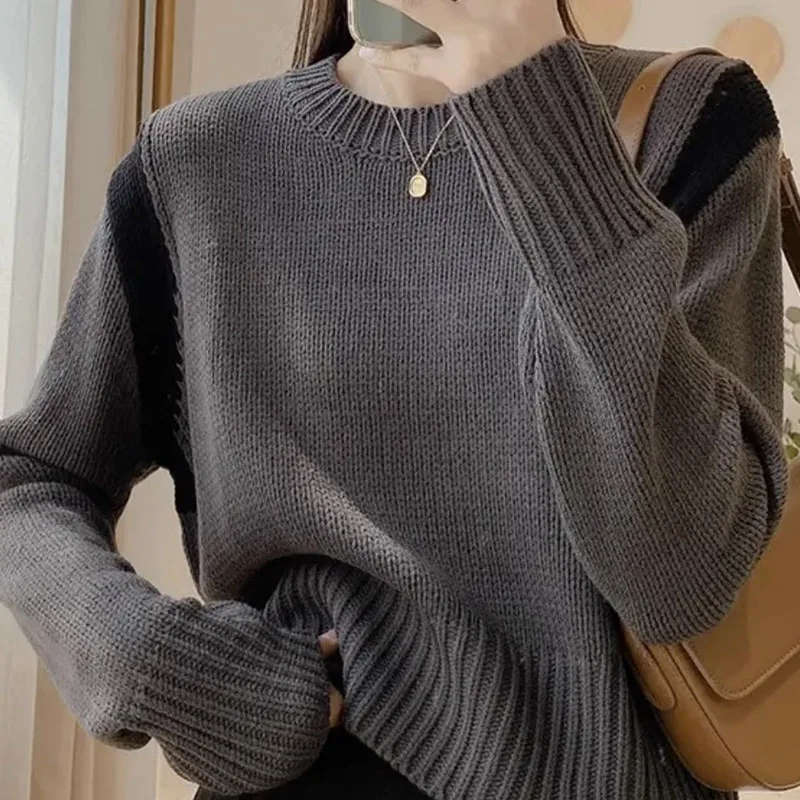 New Autumn/Winter Fashion Lazy Style Retro Contrast Round Neck Loose Versatile Slim and Fashionable Long Sleeve Knitted Sweater