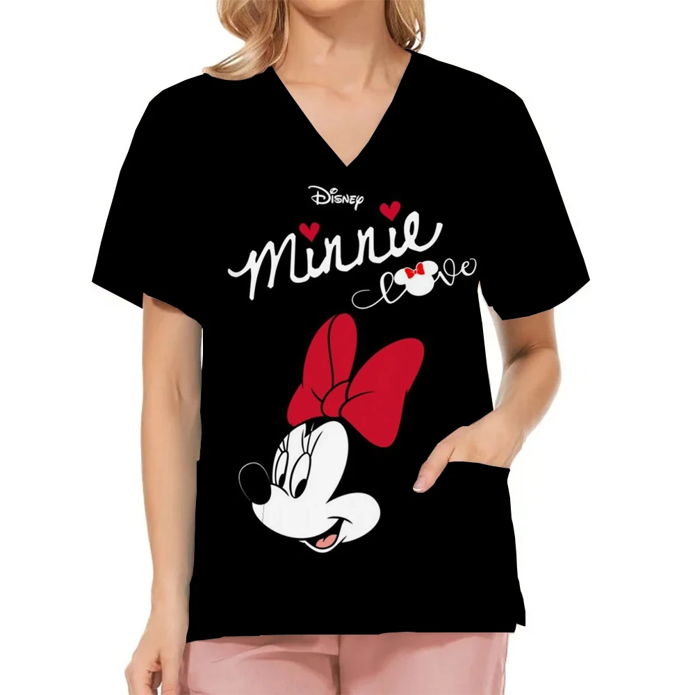 V Neck Top Women 2024 Mickey T-shirt Disney Shirts Summer Hospital T-shirts Nurse Uniform Woman Clothes Minnie Mouse Tops Pocket