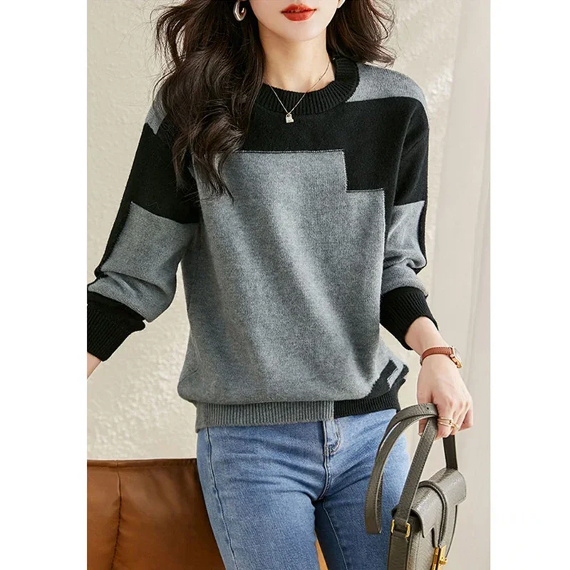 

Fall Winter Oversized Contrast Color Sweater Ladies Loose Casual All-Match Knitted Pullover Top Women Fashion Sweater LJ163