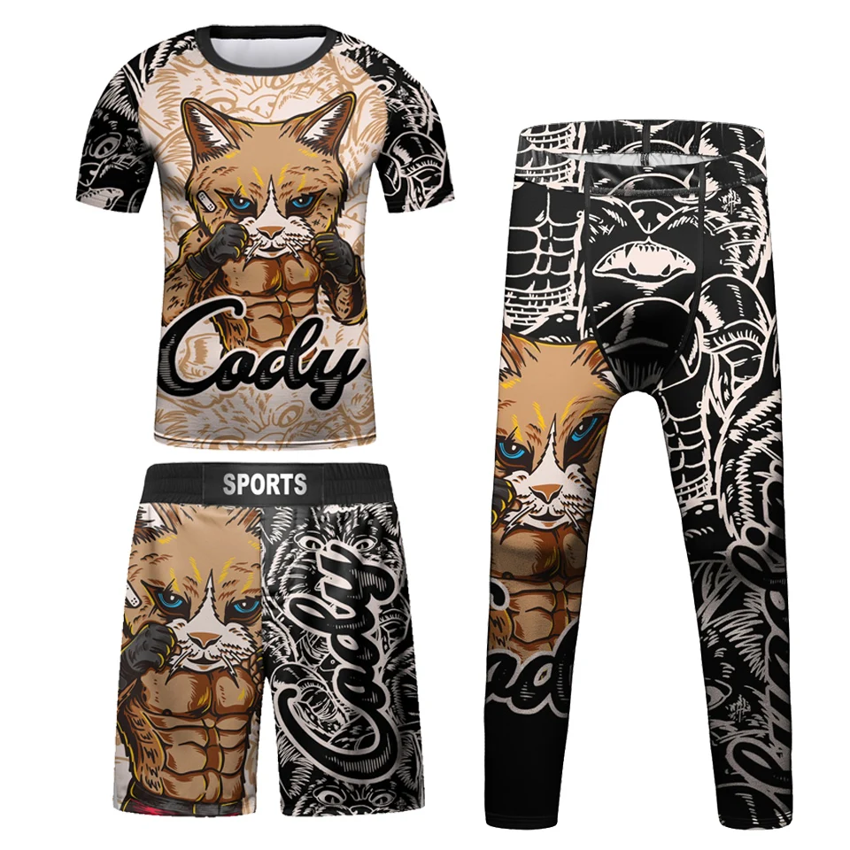 Bambini Bjj Rashguard Jiu t-shirt + Pant KickBoxing set Boy Gym bambini Muay Thai Shorts MMA abbigliamento collant a compressione