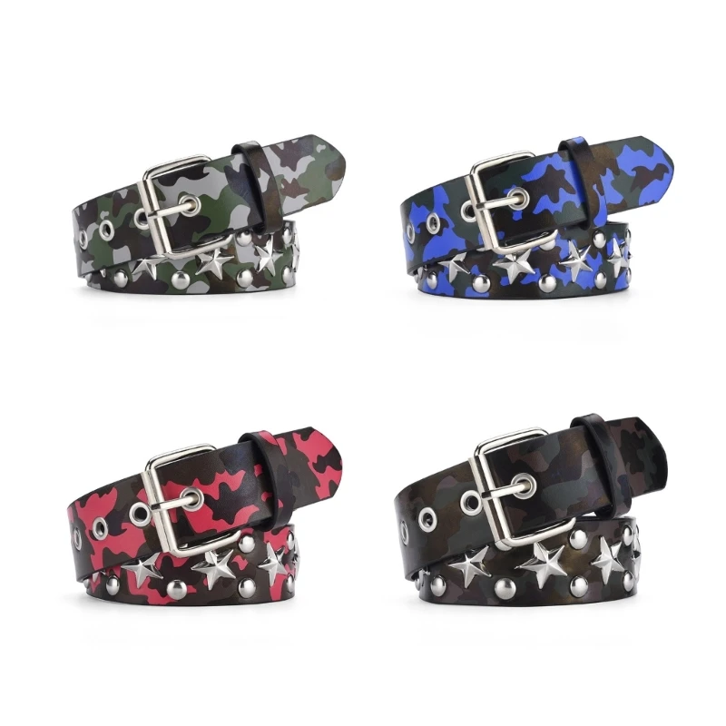 

Camouflage Color Waist Belt with Rivet Decor Fashion Hollow out Western Style Belt Teens Man Waist Belt for Coat Jeans