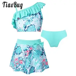 Summer Kids Girls Tankini Swimming Suit 3 Pieces Floral Print Crop Tops Skirt and Bikini Briefs Set Beach Swimwear Bathing Suit