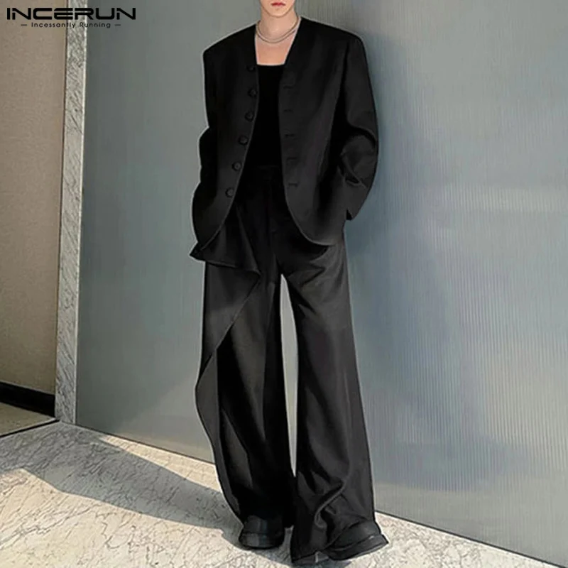 INCEURN Men Solid Color Two-piece Suits 2024 Korean Fashion Long Sleeve Tops Sets Loose Simple Commuting Outfits Handsome Suits