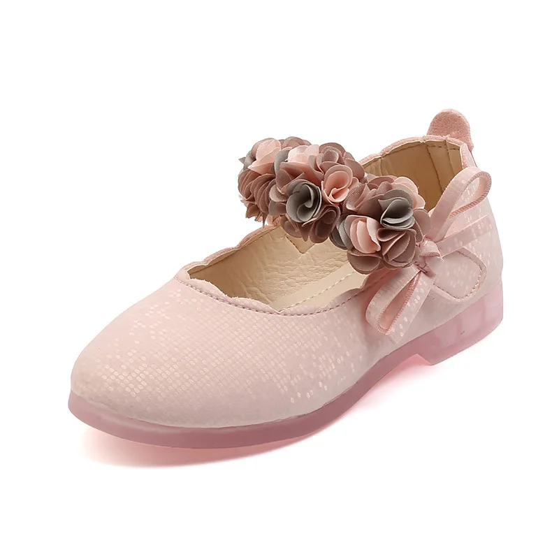 Toddlers Girls Shoes Kids Flats Princess With Flowers Bow-knot Soft Glitter Leather Children\'s Party Wedding Shoes Floral 22-31