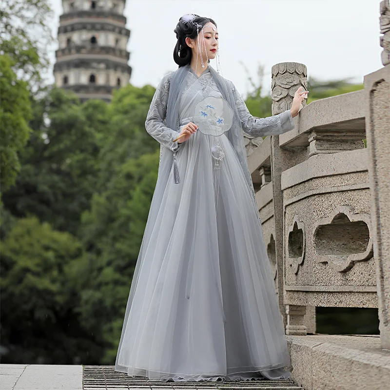 

Trailing Dress Traditional Chinese Hanfu Women's Lace Embroidery Costume Fairy Style Ethnic Dance Performance