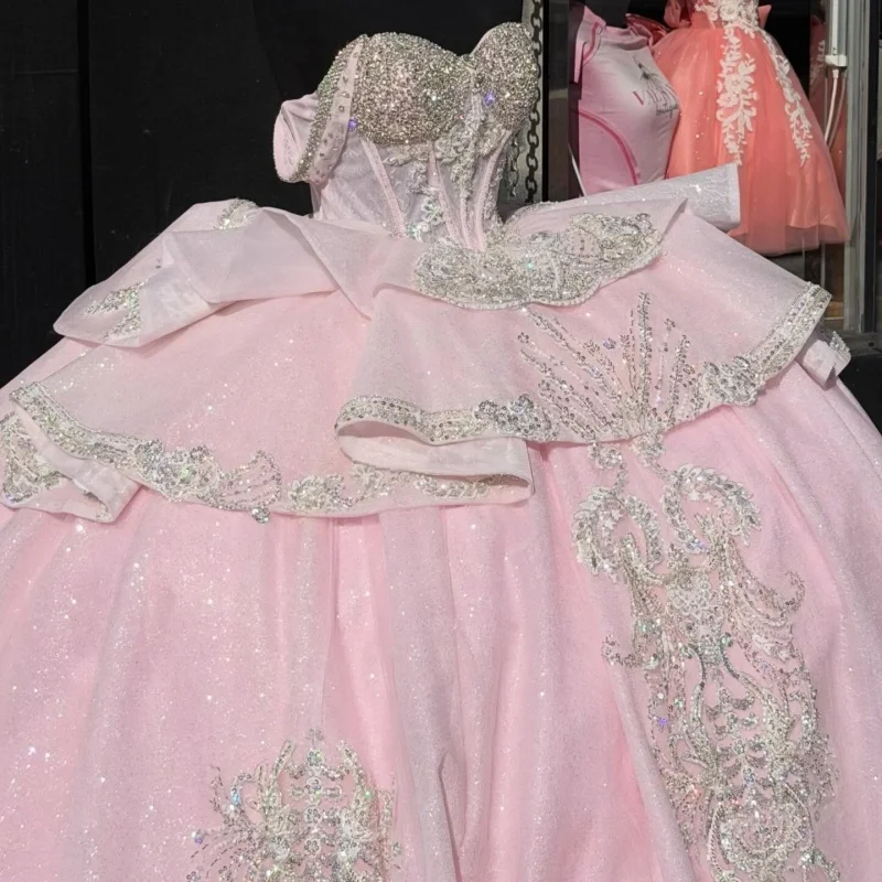 

Shiny Pink Quinceanera Dress crystal glitter off-shoulder Decal Long tail Lace Layering Vestidos De 15 Quinceanera ﻿Customize