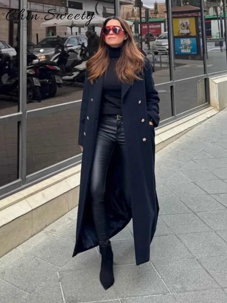 

Элегантное женское длинное шерстяное пальто, свободное двубортное пальто с лацканами и длинными рукавами, осень-зима 202, женская верхняя одежда для поездок на работу, новинка