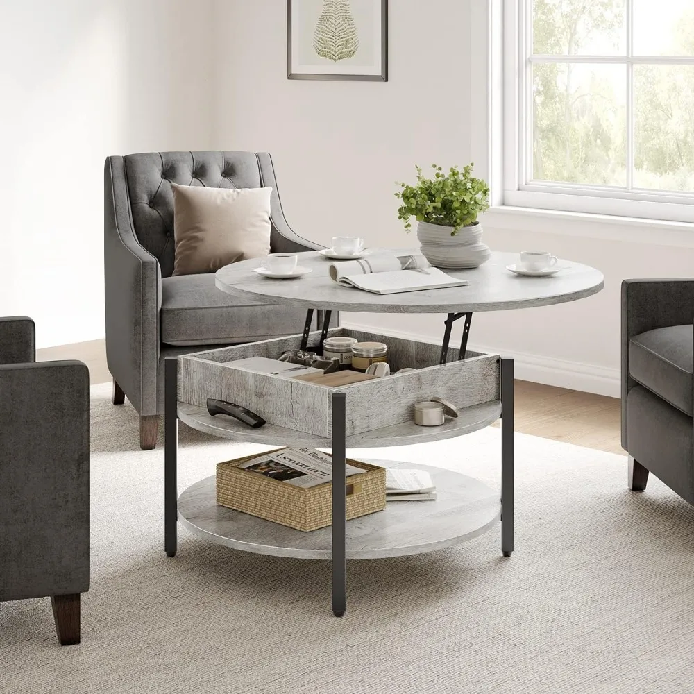 Grande Table Basse Ronde à 2 Niveaux, avec Rangement, pour Salon, Réception, Ferme, 35.43