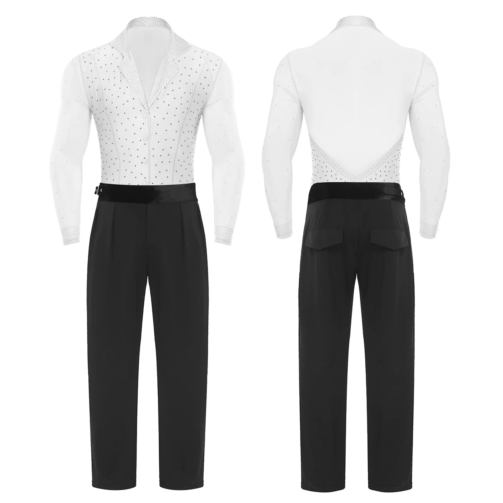 Uomo Vestito da ballo latino Tango Jazz Balletto Salsa Danza Samba Chacha Set Costume Manica lunga Sheer Mesh Patchwork Pantaloni tuta