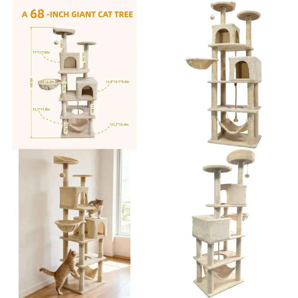 

68 Indoor Cat Tree with 7 Scratch Posts, 2 Perches, 2 Caves, Hammock - Plush Beige