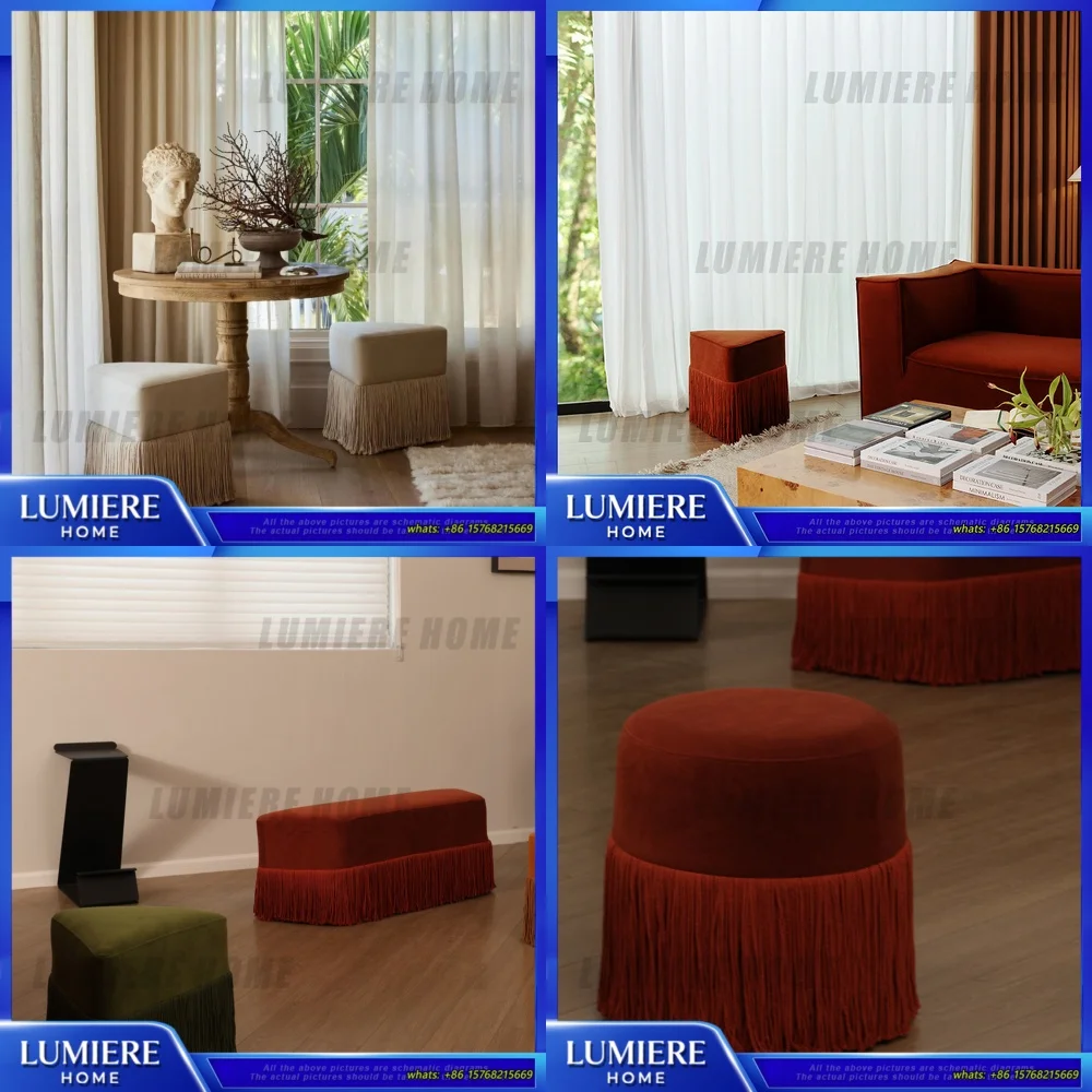 

French Style Velvet Footstool with Tassel Detail Retro Artistic Design Elegant Living Room Stool for Dressing and Shoe