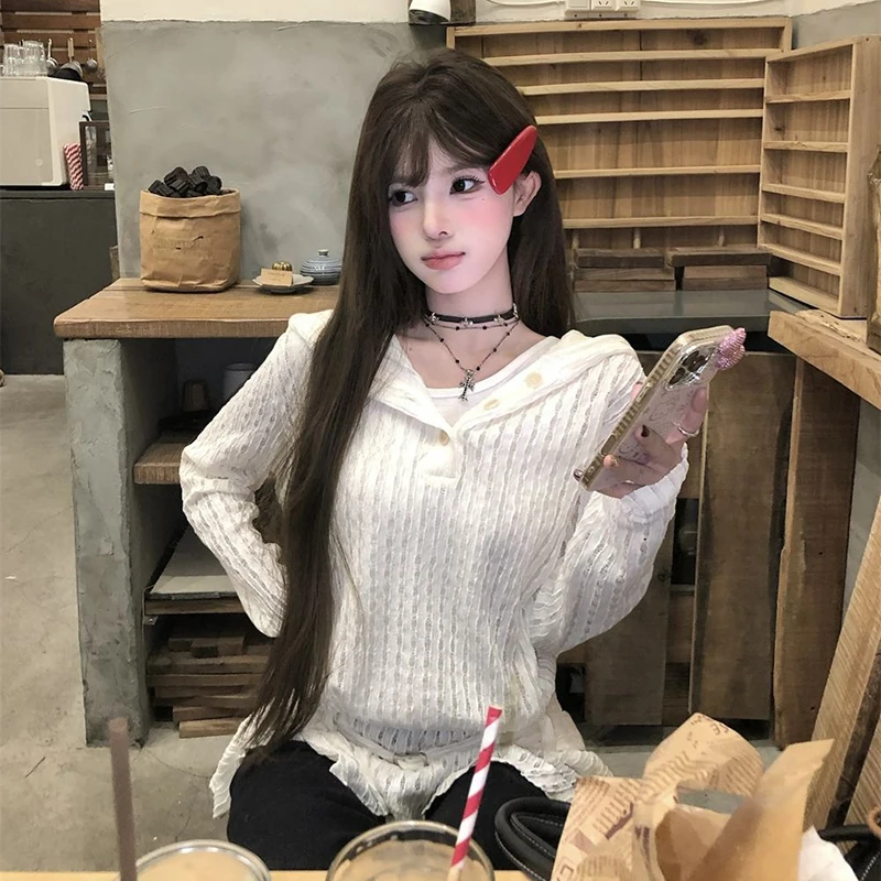 Sweat-shirt à volants ajourés pour femmes, blanc, Simple, manches longues, ceinture, Streetwear, Harajuku, Hottie, mode, tous assortis, nouveaux hauts