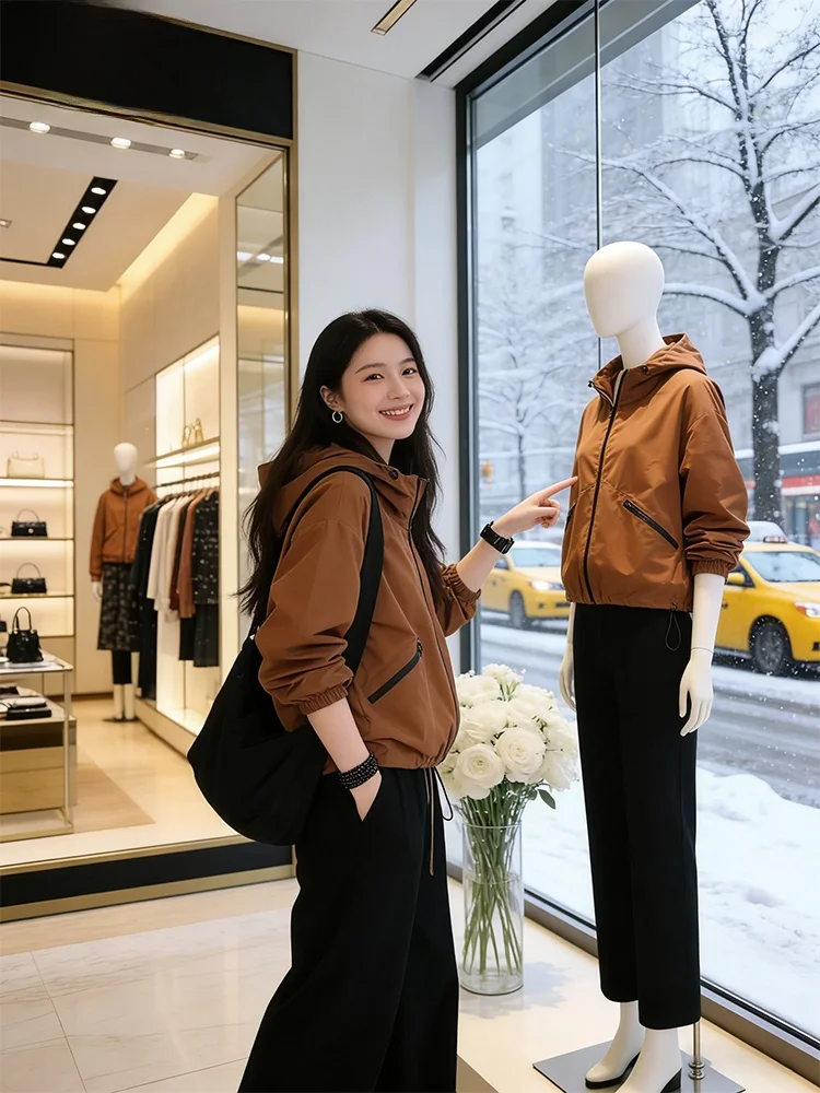 

Stylish American Workwear Jacket Women Spring Autumn New Popular Hooded Sporty Coat Commute Style Loose Fit Long Sleeve Zipper