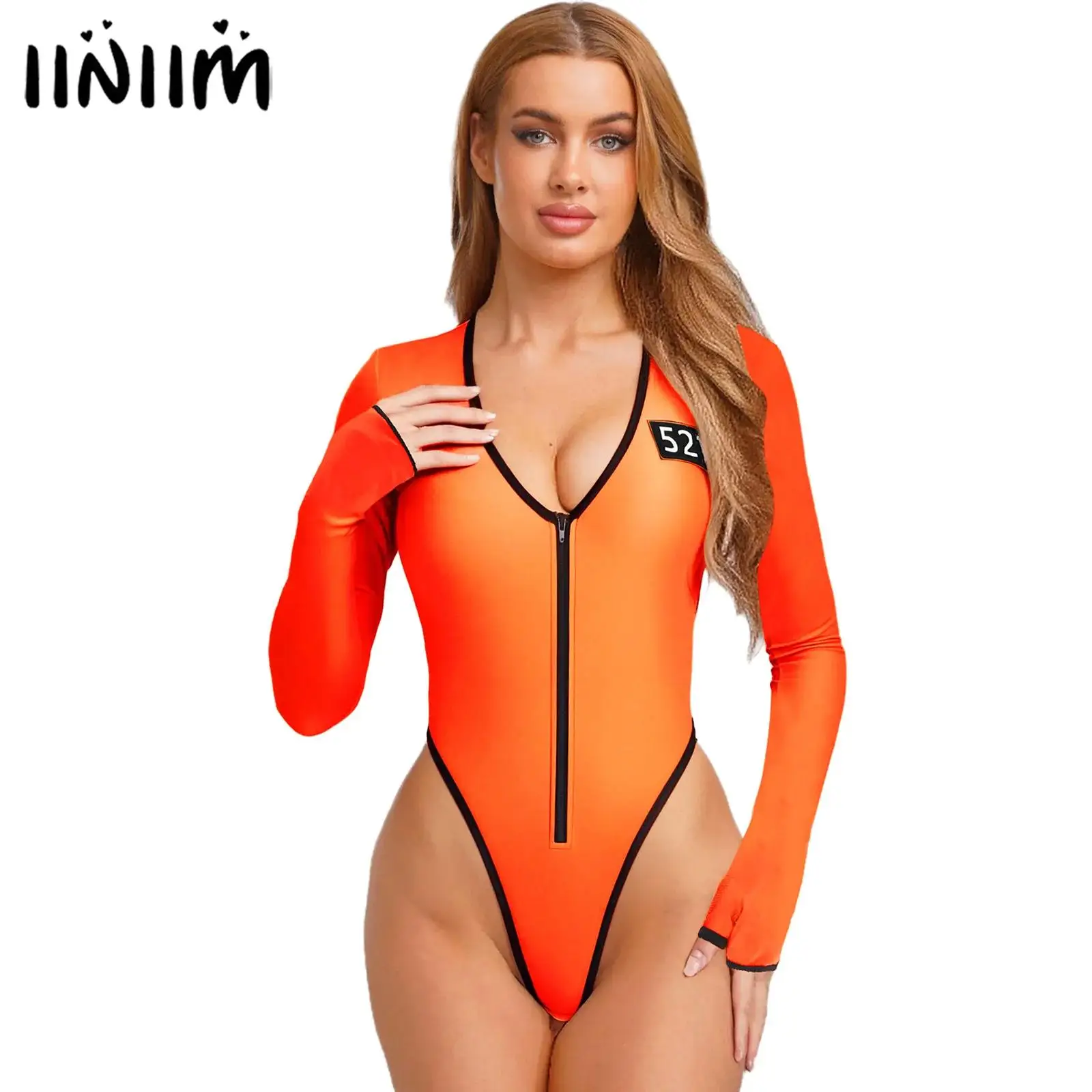 

Womens Prisoner Criminal Convict Jail Cosplay Costume Front Zipper Back Cut Jumpsuit Bodysuit Themed Party Halloween Outfits