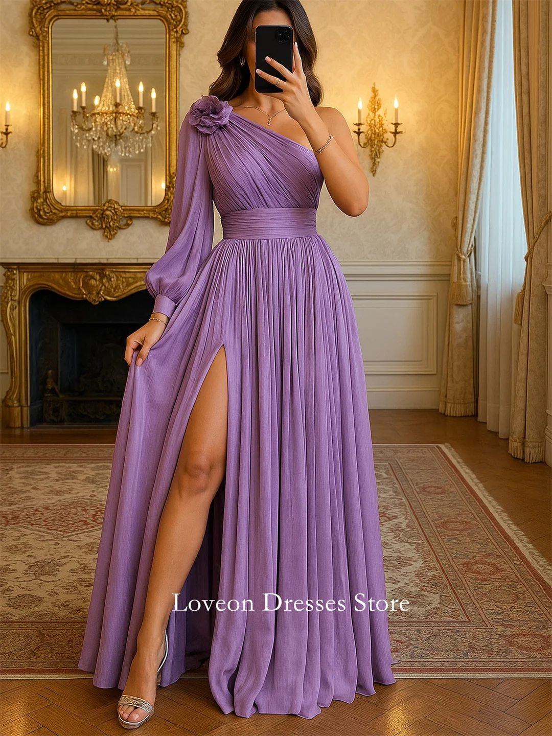 

One-Shoulder Chiffon Formal Evening Dresses Puff Sleeves Light Purple فساتين سهرة Customized Elegant Prom Growns Party Women