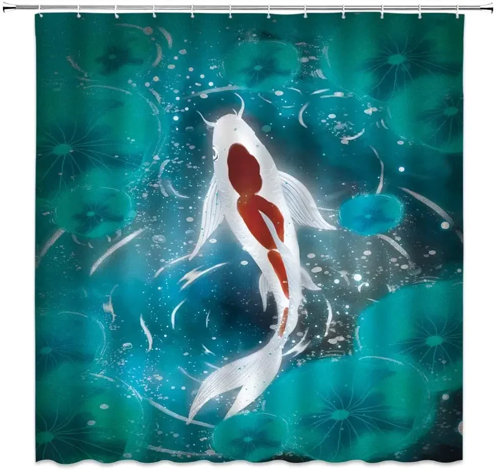 Koi Fish Shower Curtains Water Lily Pond White Red Koi Fish Carp Ripples Japanese Fantasy Fairy Art Fabric Bathroom Decor Hooks