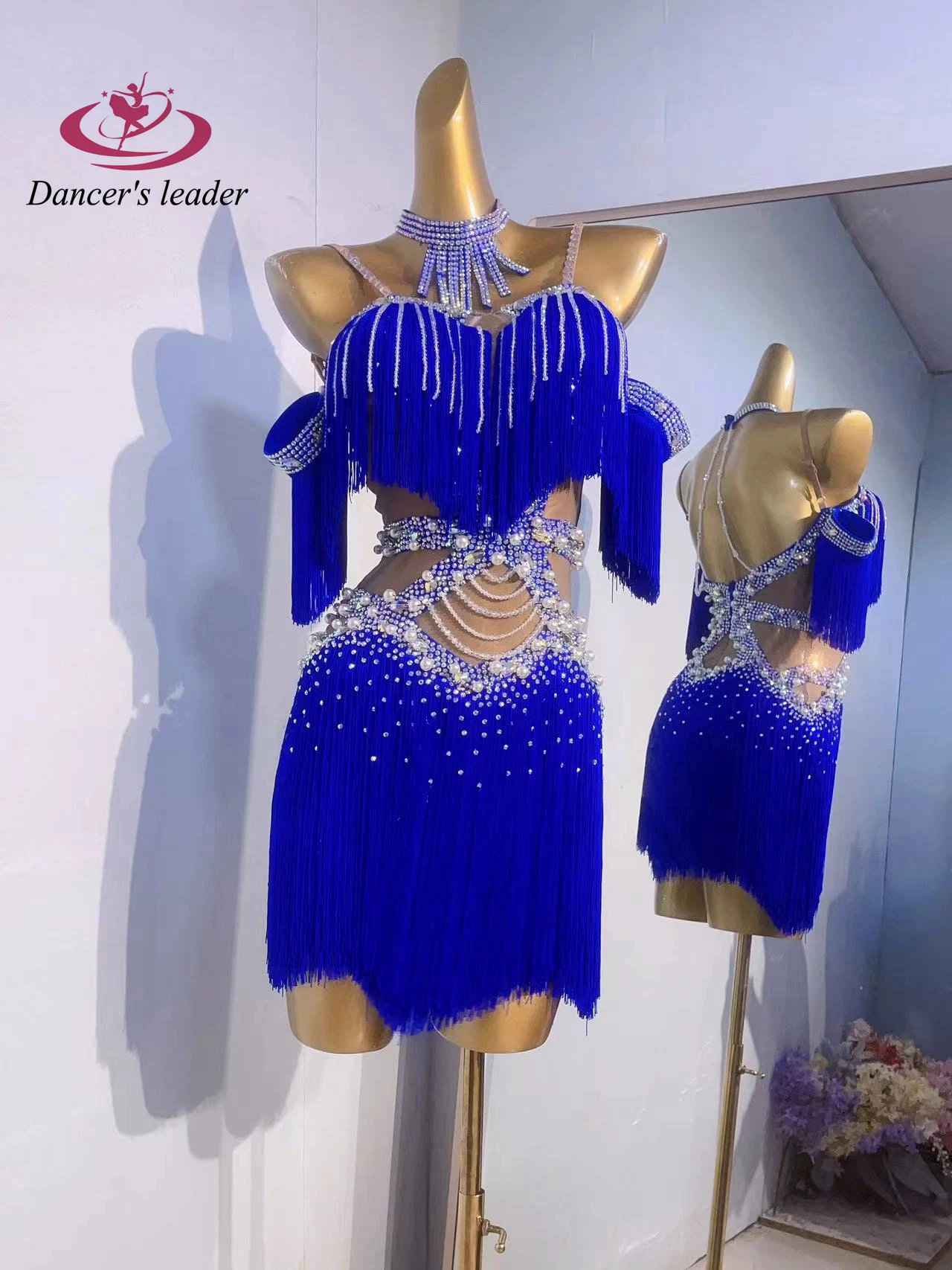 Latin Dance International Stage Diamond Women's High end Customized Blue Dress with Pearl Set American Samba Performance Dress