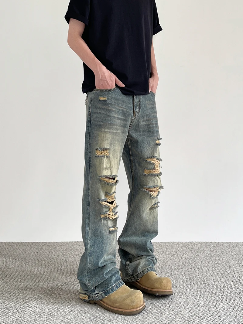 

American Style Vintage High Street Men's Ripped Denim Jeans CleanFit Straight Leg Pants Casual Youth Popular Long Pants