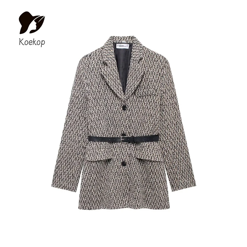 Koekop 2024 Women's Fashion Cashew Flower with Belt Decoration Blazer Vintage Full Sleeve Women's Chic Lady Blazer