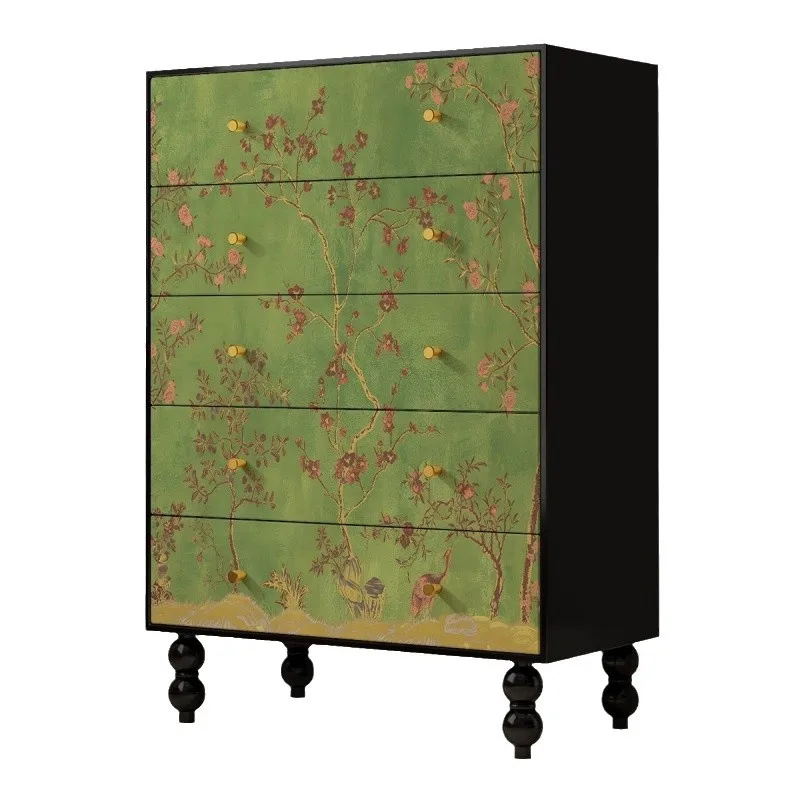 

Medieval style chest of drawers storage living room master bedroom balcony solid wood green drawer cabinet light luxury high-end
