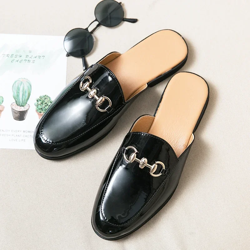 Summer Half Shoes for Men Black Loafers Slippers Patent Leather Casual Driving Shoes Loafer Lightweight Flats Sandals Big Size46