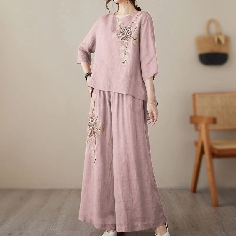 

Summer Vintage Embroidery Cotton Linen Set Pullover Short Sleeve Lightweight Wide Leg Pants Slimming Women's Two Piece Outfit