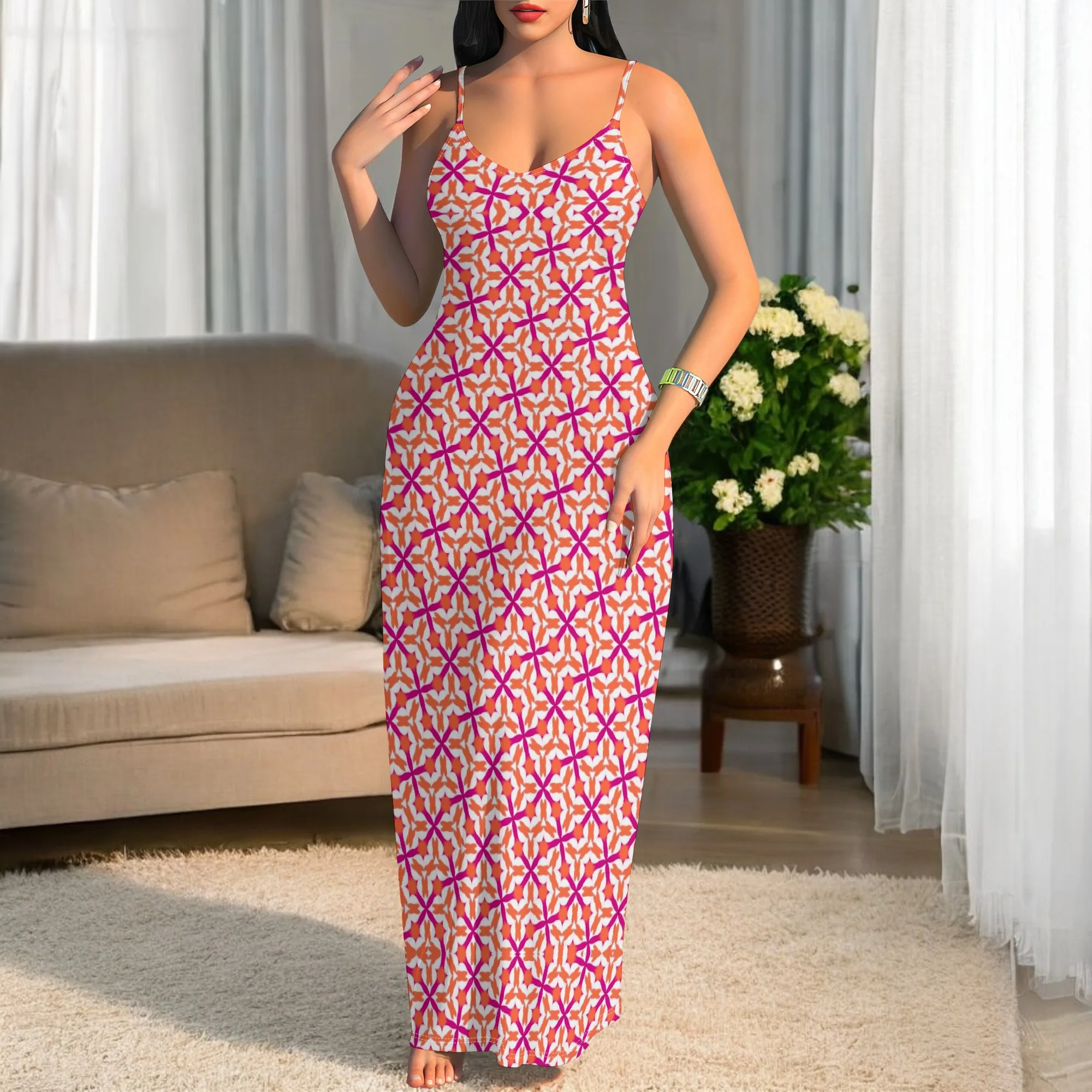 

Women's Geometric Print Maxi Dress V-Neck Spaghetti Strap Slim Fit Dress for Holiday Vacation Beach Wear S-3XL