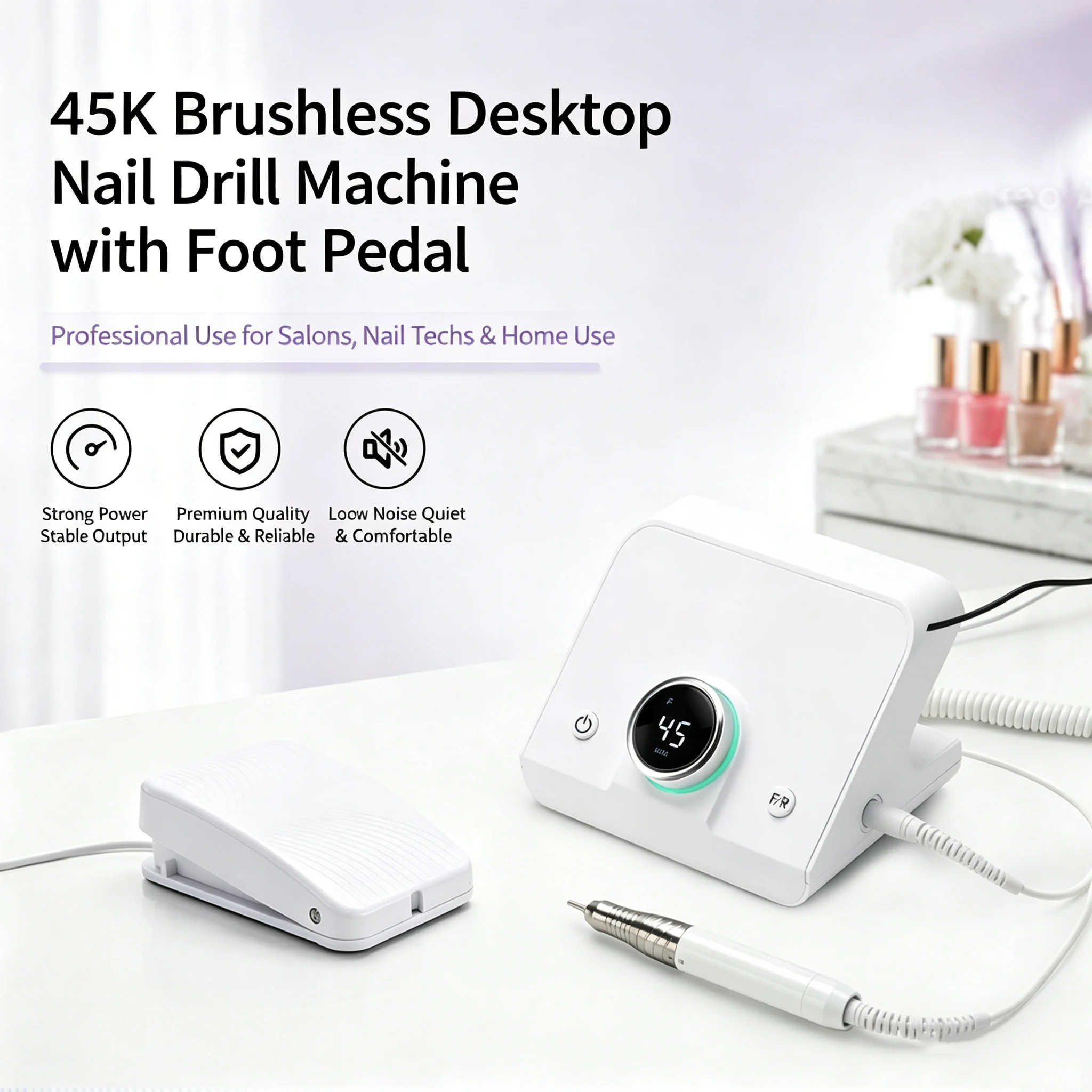 45000RPM Brushless Nail Drill Machine 85W Desktop Electric Nail File with Foot Pedal for Salon Home Manicure Gel Removal