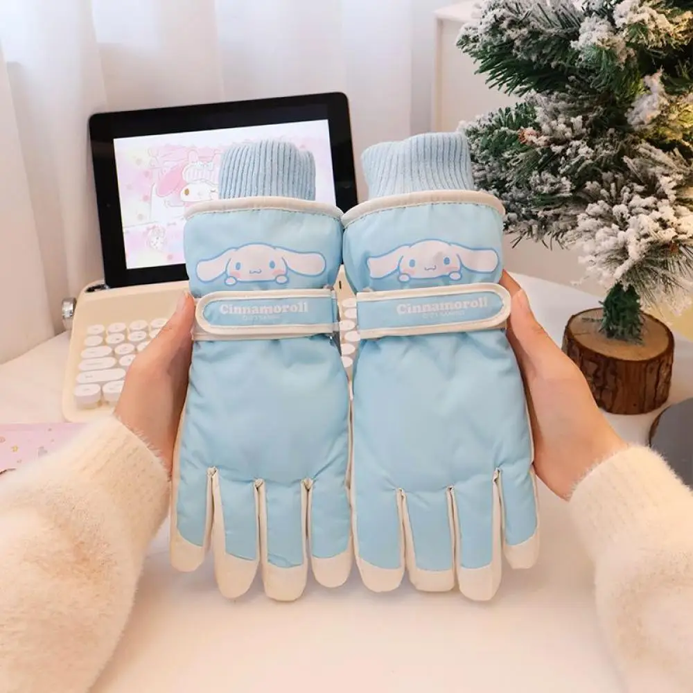 Sanrioed Kawaii Hello Kitty Warm Plush Touch Screen Ski Gloves Anime Cinnamoroll Soft Gloves Winter Outdoor Windproof Girls Gift