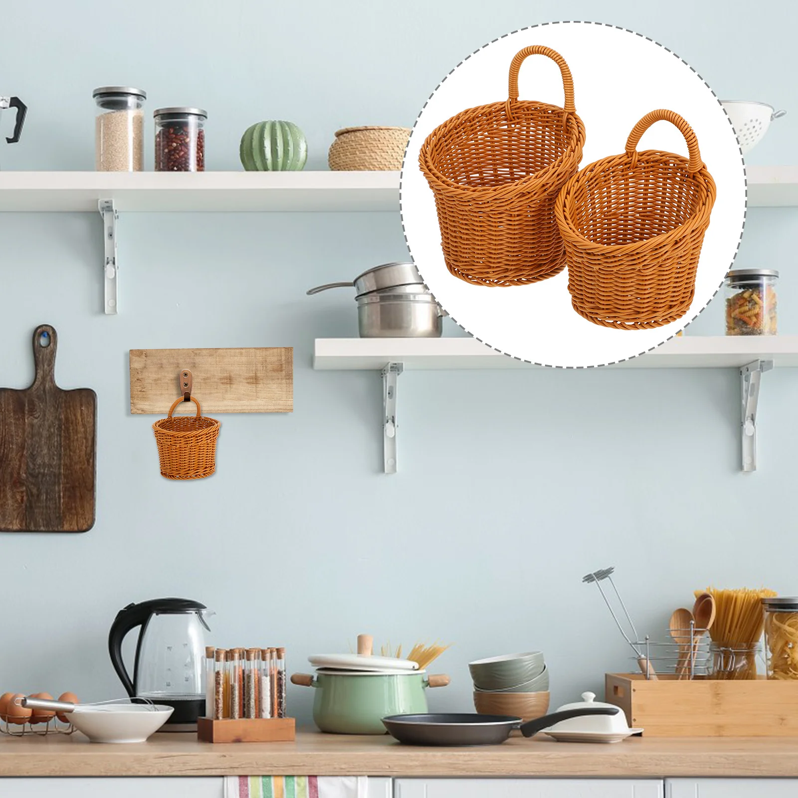 

2pcs Plastic Woven Wall Hanging Basket for Kitchen Storage Decorative Farmhouse Fruit Vegetable Organizer Home Decoration