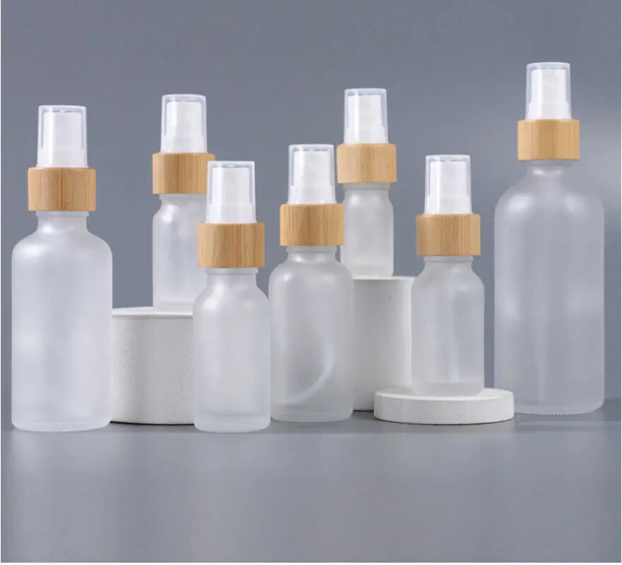 

330pcs 30ml 20ml 50ml 5ml 15ml 10ml 100ml Frosted Clear Glass Spray Bottles Sprayer Wood BamBoo lid Perfume