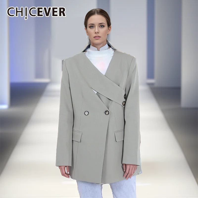 

CHICEVER Solid Spliced Pockets Coats For Women V Neck Long Sleeve Asymmetrical Patchwork Button Slimming Blazer Female Clothing