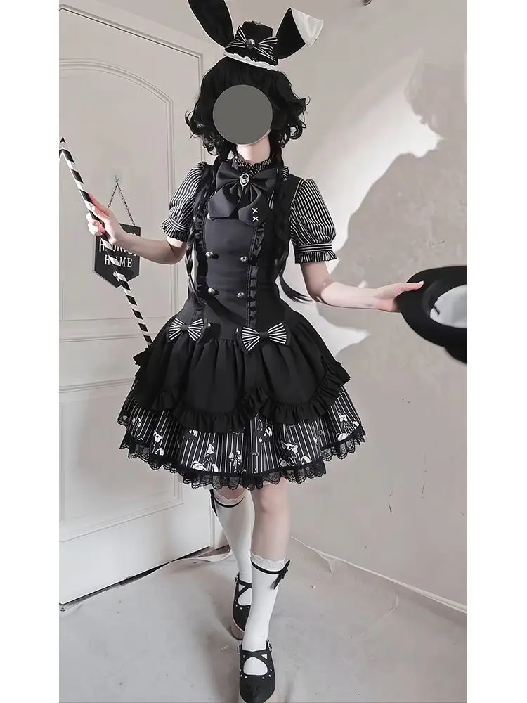2026 Gothic Striped Lolita Dress Set Women Puff Sleeve Stripe Blouse+Chic Suspender Dress Female Dark Lace Princess Retro Outfit image 4