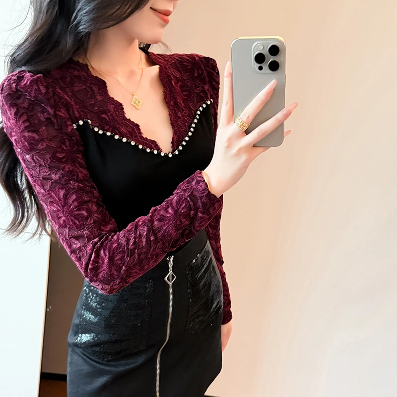 

2025 Autumn Winter Women Lace Blouse New Fashion Patchwork V-Neck Hollow Out Dimond Tops Slim Casual Long Sleeve Shirt