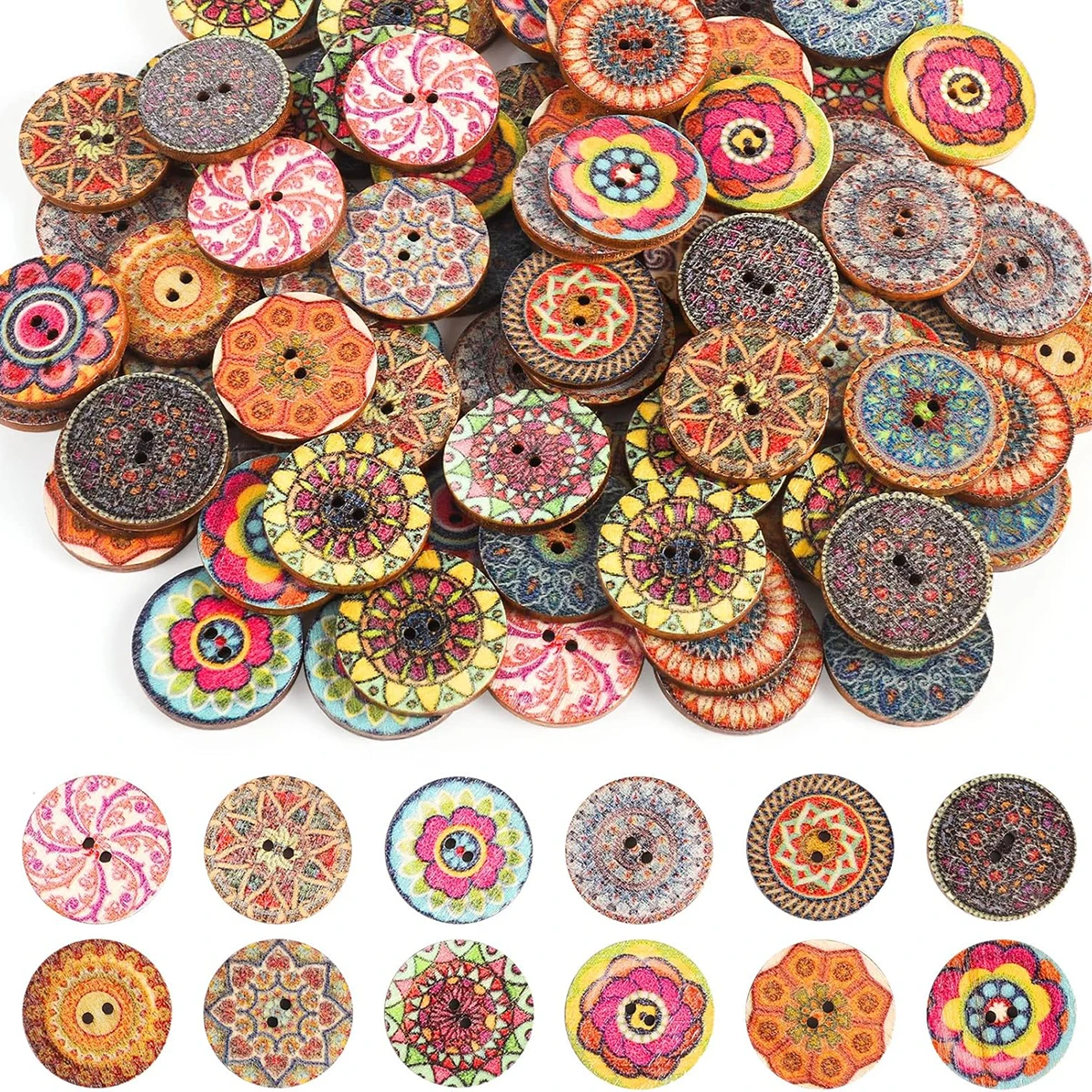 100 buah tombol kayu warna campuran 20mm bentuk bulat alami tombol Retro Vintage dengan 2 lubang untuk kerajinan jahit DIY