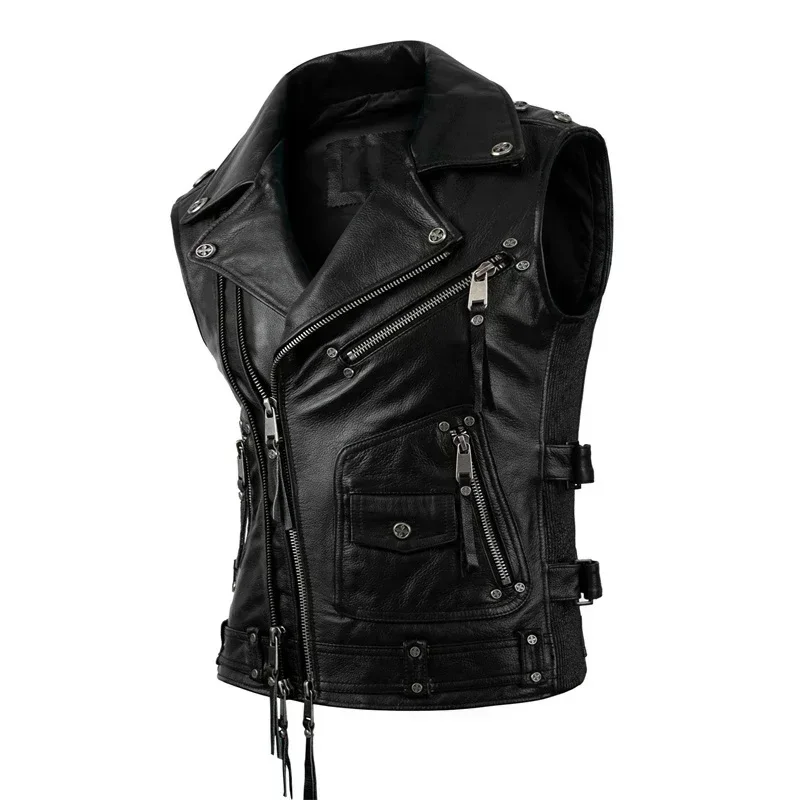 Fashion Motorcycle Vest Black Real Cowhide Genuine Leather s Men Motor Riding Sleeveless Jacket Autumn Winter