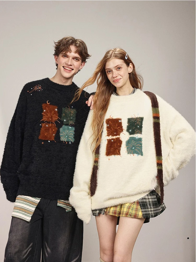 

Американский трикотаж с вышивкой High Street, круглый мужской и женский меховой свитер, повседневная одежда для пар на весну, осень и зиму