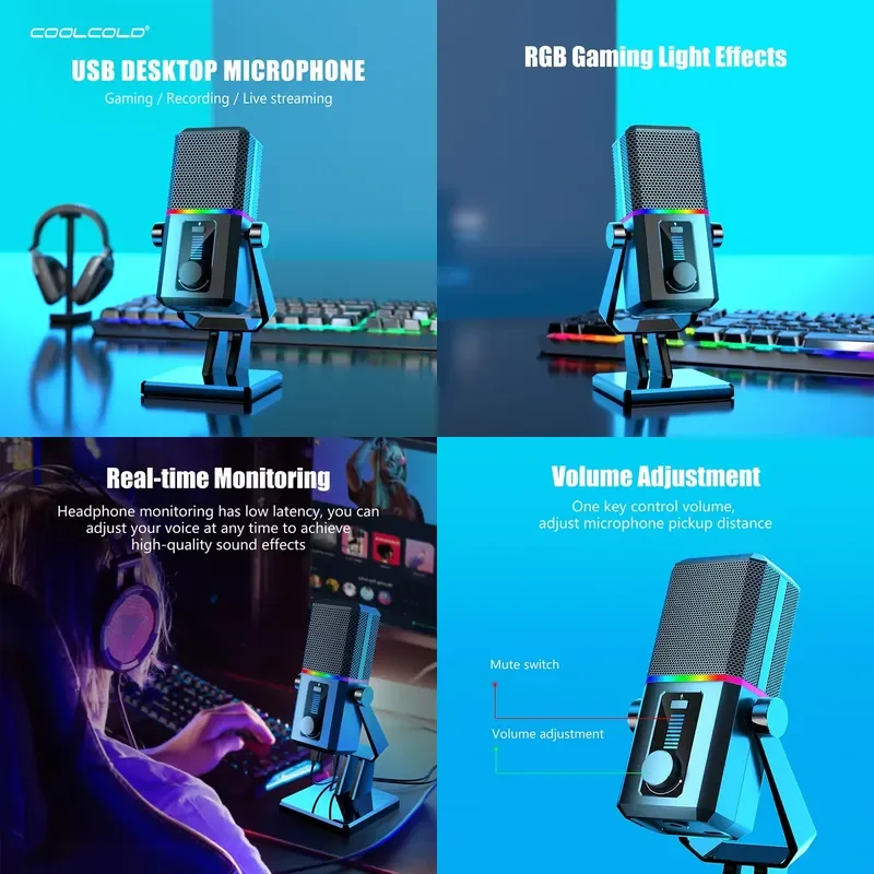 COOLCOLD Condenser RGB USB Microphone HK2 for Computer, Gaming, Streaming, Recording & Podcasts - AI Noise Cancellation +