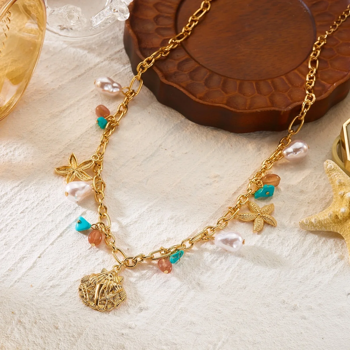 Sommerliche Muschel-Seestern-Imitationsperlen-Quasten-Anhänger-Halskette für Damen und Herren – Seepferdchen, Fisch, Muschel, Schildkröte, Delfin Choker-Schmuck – Detail 22