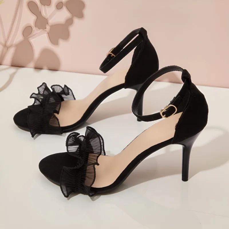Süße Damen-Sandalen mit Knöchelriemen, modische Pumps mit superhohen Absätzen, lässige Sommerschuhe mit Flock-Plissee und Rüschen