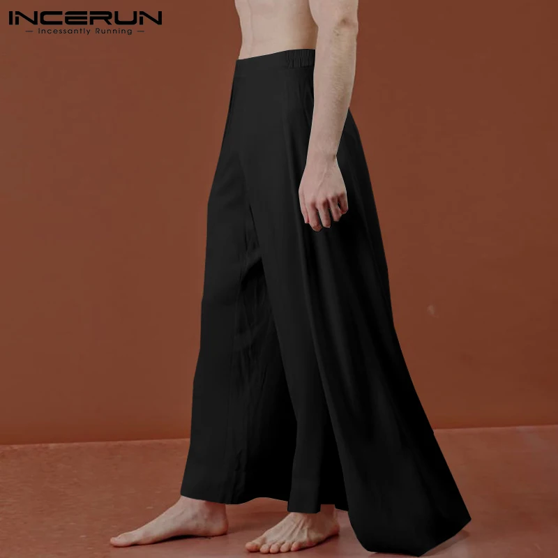 INCERUN 2024 Men Pants Loose Elastic Waist Streetwear Solid Color Wide Leg Trousers Men Translucent Casual Irregular Pants S-5XL