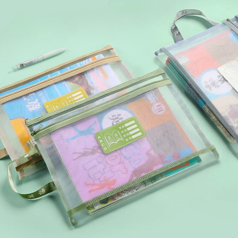 A4 File Folder Bag Double-layer Mesh Zipper Bag Large Capacity Document Organizer Transparent Storage Handbag School Stationery