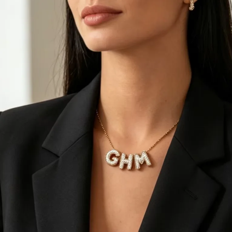 Custom Copper Inlaid Zircon Balloon Font Necklace Cute Chubby Letter Pendant Fashion Clavicle Chain Gift view 4