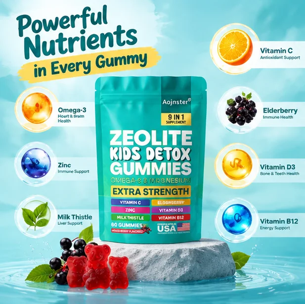 9 in 1 Zeolite Kids Detox Gummies, Omega-3 Magnesium with Vitamin C D3 B12 Zinc Elderberry Milk Thistle, Mixed Berry Flavor