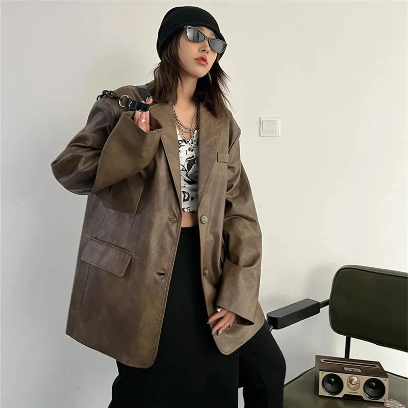 Giacca in finta pelle PU marrone Primavera Autunno Donna Casual Colletto dentellato allentato Manica lunga Cappotto imitazione Chaqueta Mujer