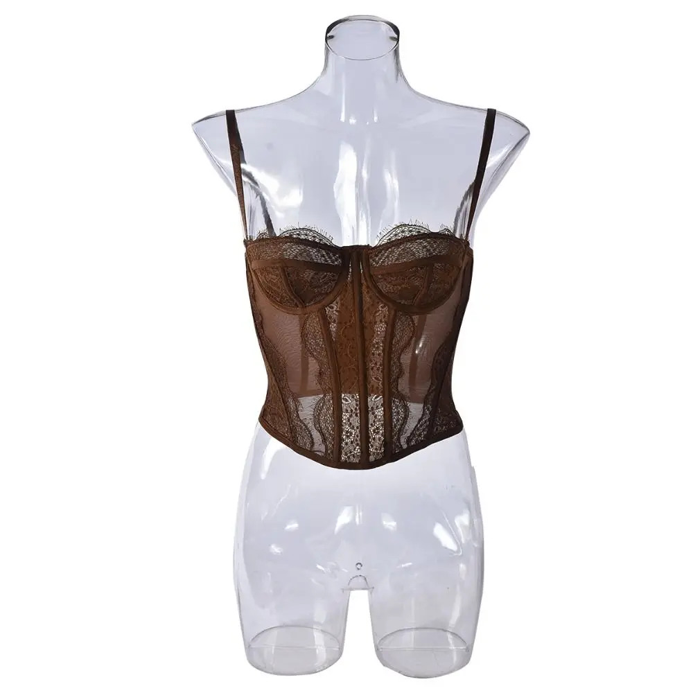 Camisole en dentelle creuse Style fille épicée, haut court Transparent, coupe cintrée, Streetwear, sans manches, Corset en dentelle, voyage