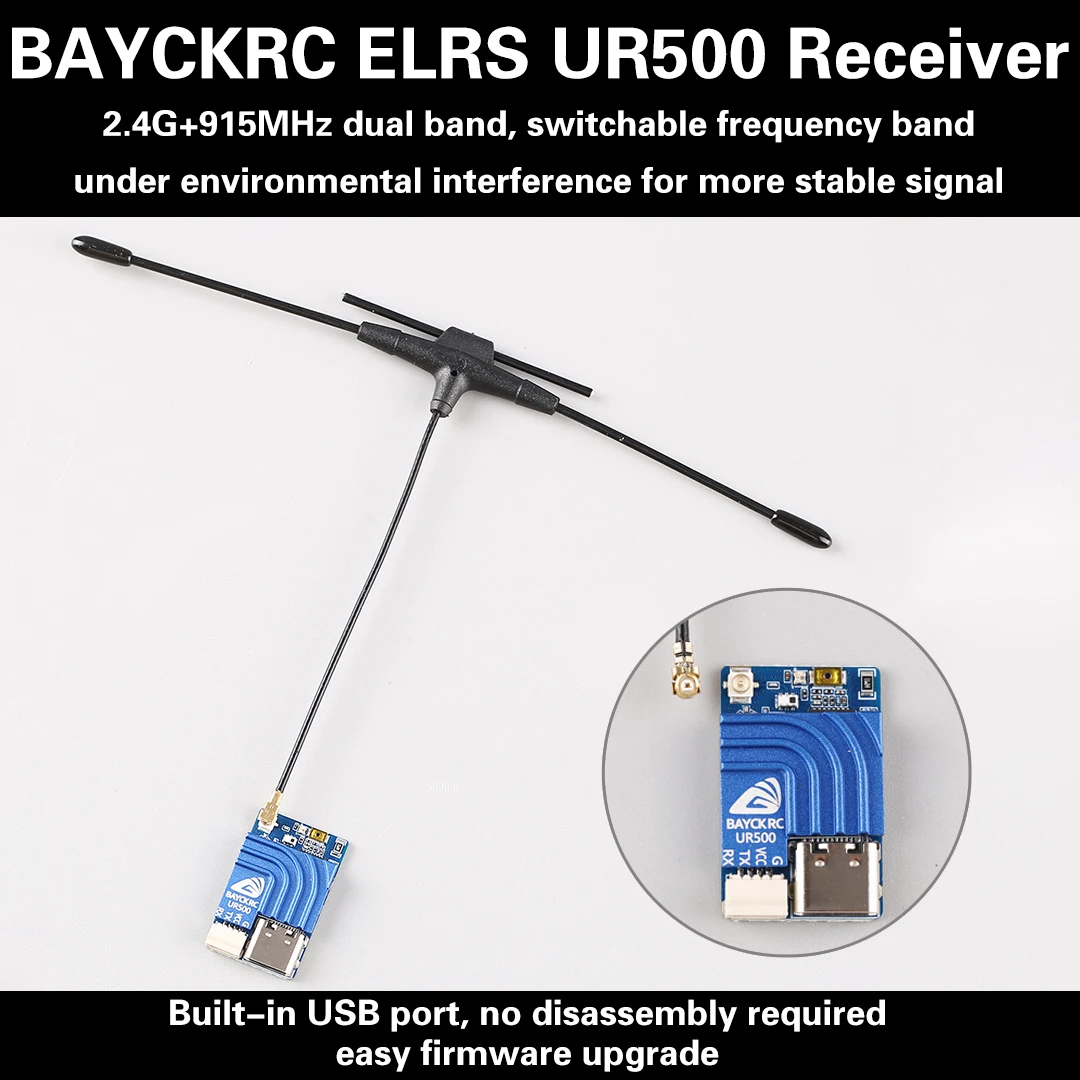 

BAYCKRC UR500 500mW Dual Band ELRS Receiver 2.4G 915MHz Switchable Bands Anti-Interference Stable Signal for FPV Drone