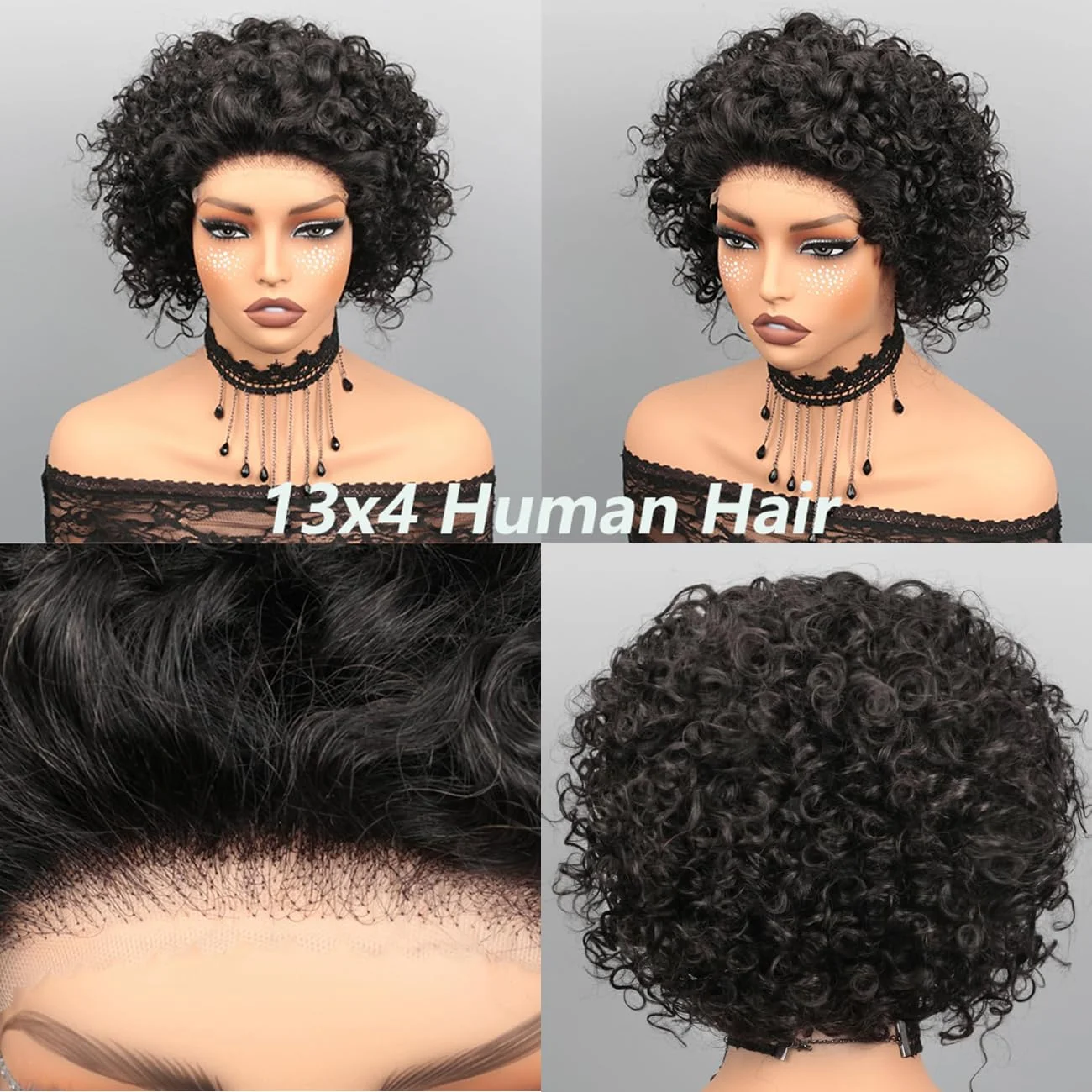 شعر مستعار بشري بقص عابث 6 بوصة، شعر بشري قصير مجعد 13 × 4 باروكات شعر بشري بدانتيل أمامي للنساء ذوات البشرة السمراء، لون أسود طبيعي متعدد الطبقات