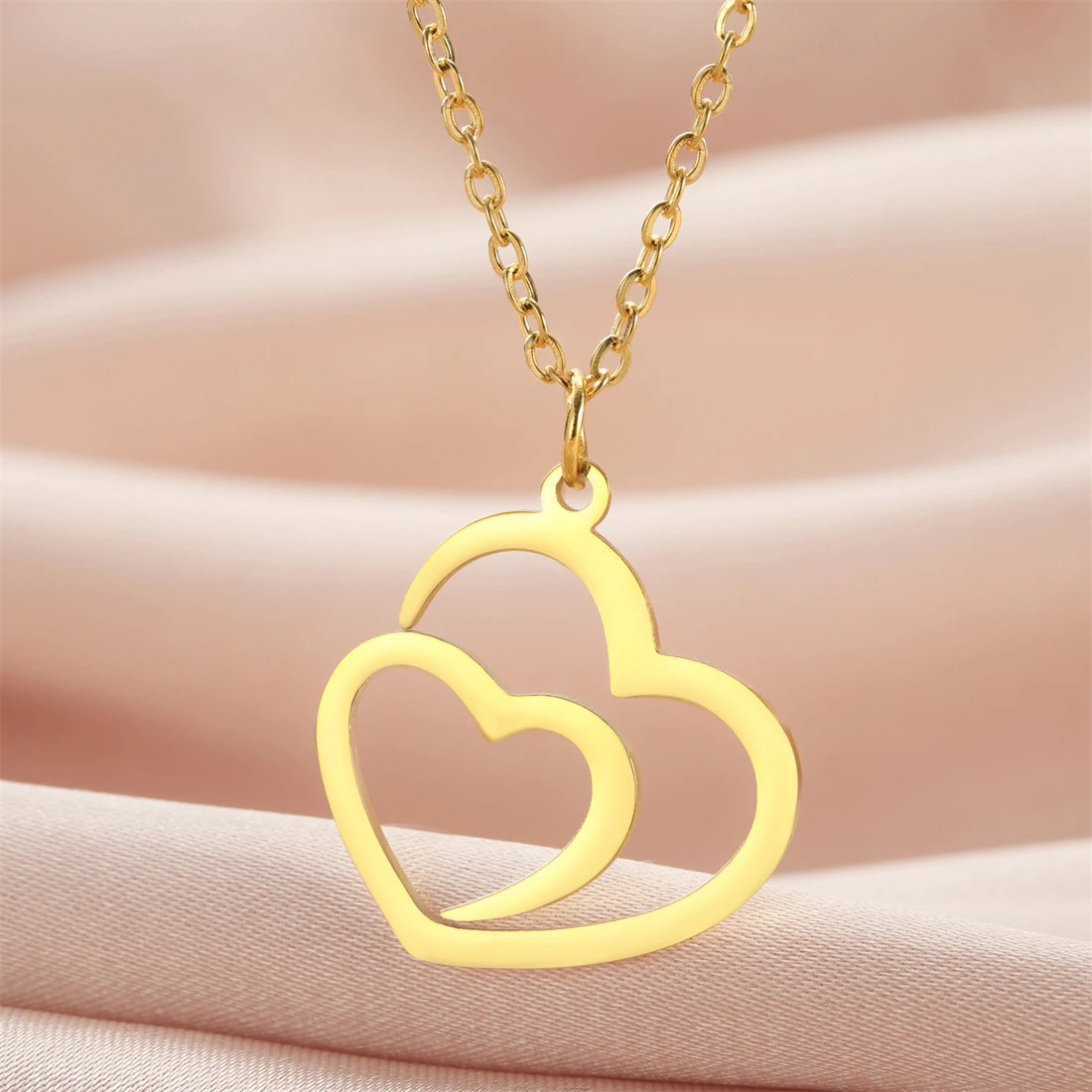 Eueavan Hohl Doppel Herz Halskette Für Frauen Edelstahl Romantische Liebe Symbol Anhänger Kette Engagement Schmuck Geschenk – Detail 8